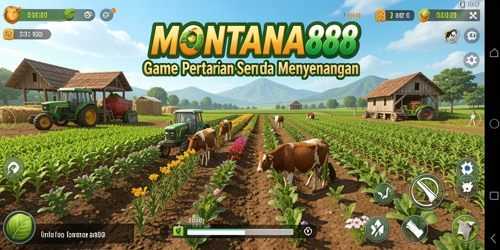 Tampilan gameplay Farming dalam MONTANA88 menampilkan ladang subur dan aktivitas bertani yang menyenangkan.